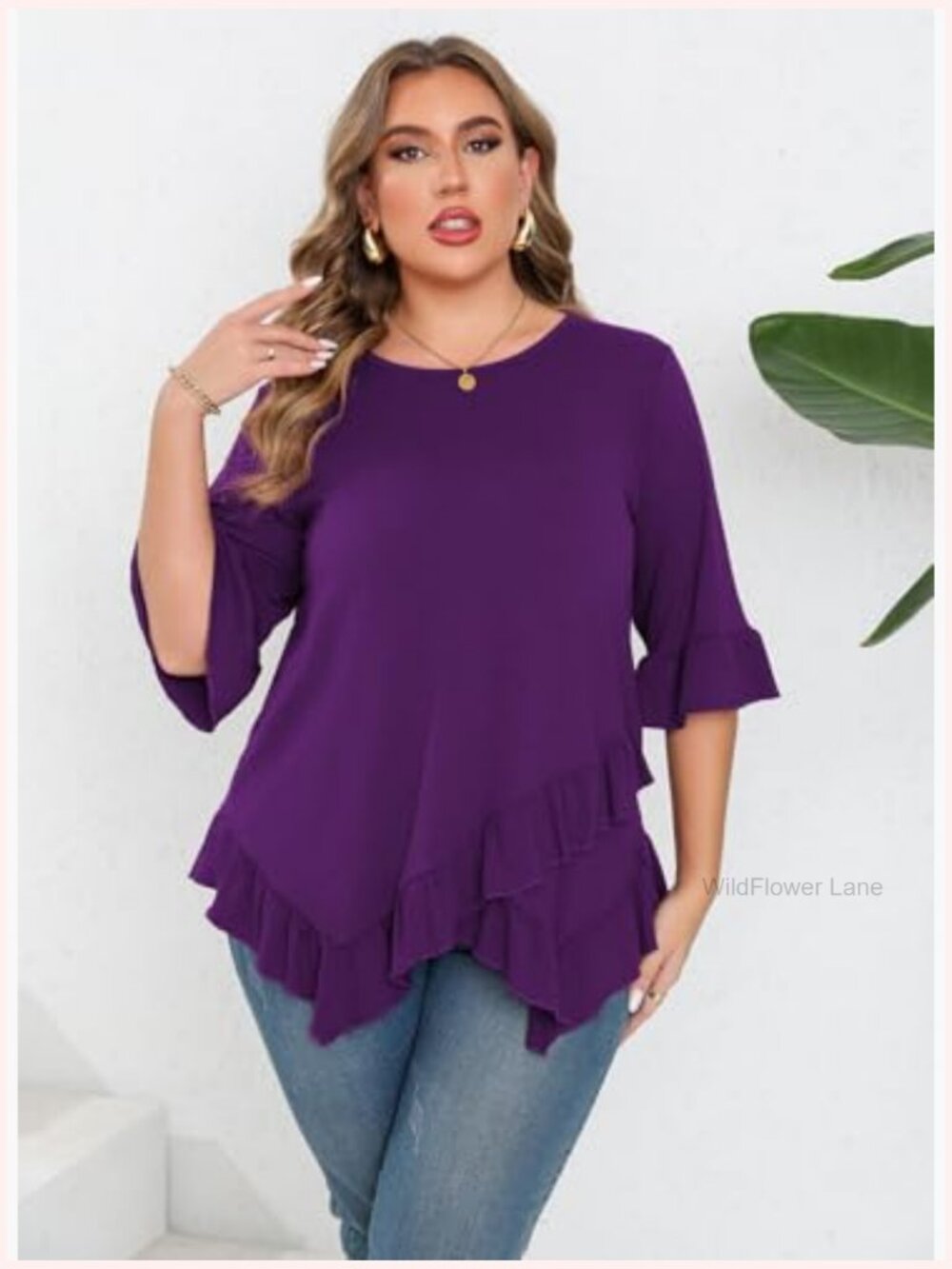 Women's Plus Size Ruffle Hem Tunic Top 3/4 Bell Sleeve Crew Neck Flowy Blouse - Picture 2 of 7